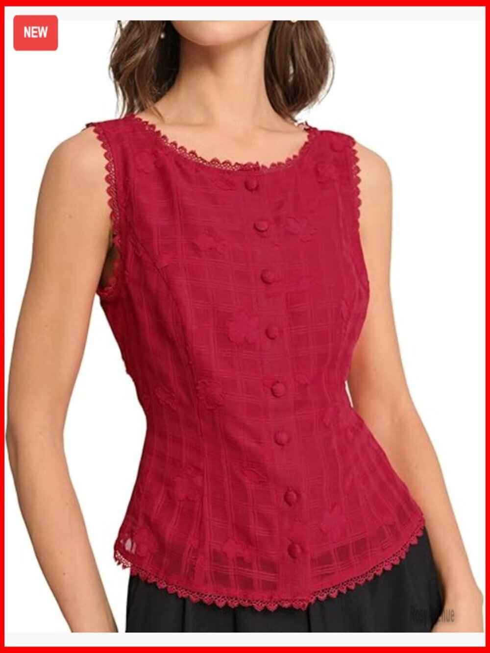 Sleeveless Button Down Blouse - Lace Trim Fitted Waist Business Casual Work Top